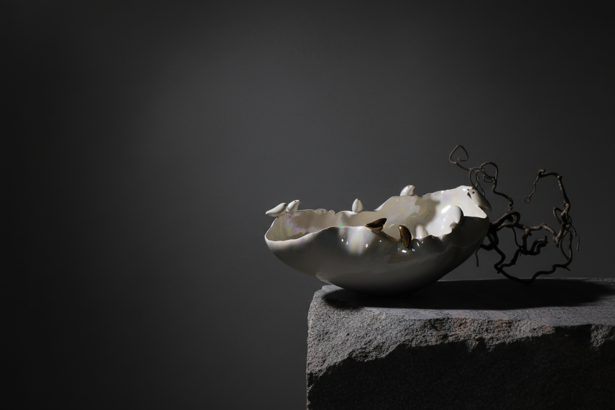 Paukščių pokalbiai dubuo tamsiai pilkame interjere